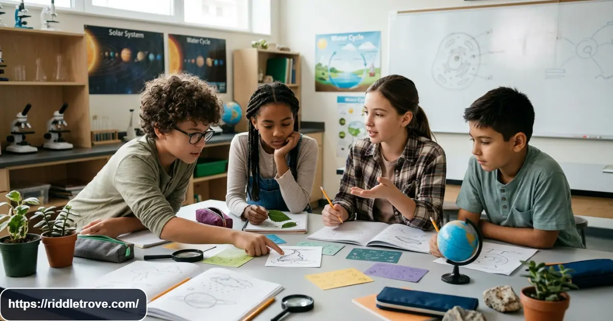 Middle school students solving science and nature riddles in class