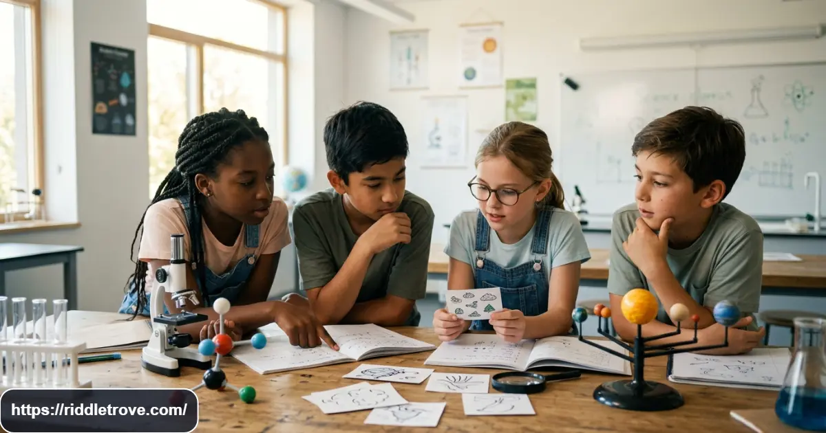 Science riddles with answers featuring students solving colorful science puzzles