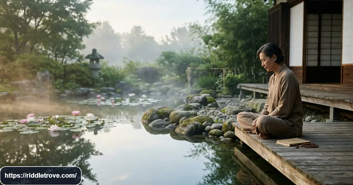Person contemplating their reflection beside lotus flowers in a peaceful Buddhist meditation garden