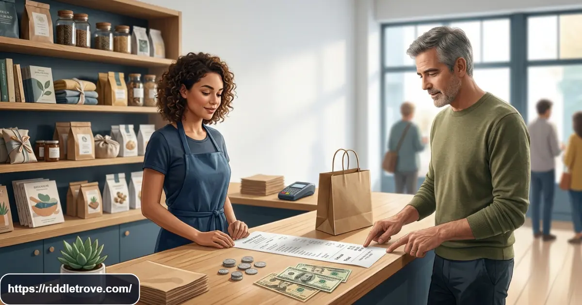 Shopper and cashier working through a tricky transaction puzzle