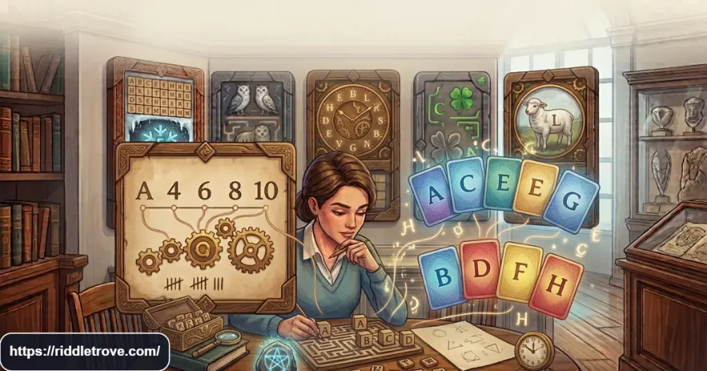 Short letter sequence riddles challenging readers to identify hidden alphabet patterns