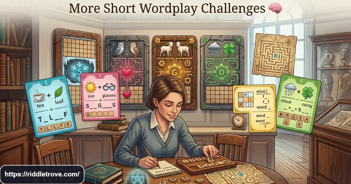 Person solving short wordplay riddles with letters and puzzle cards on a table