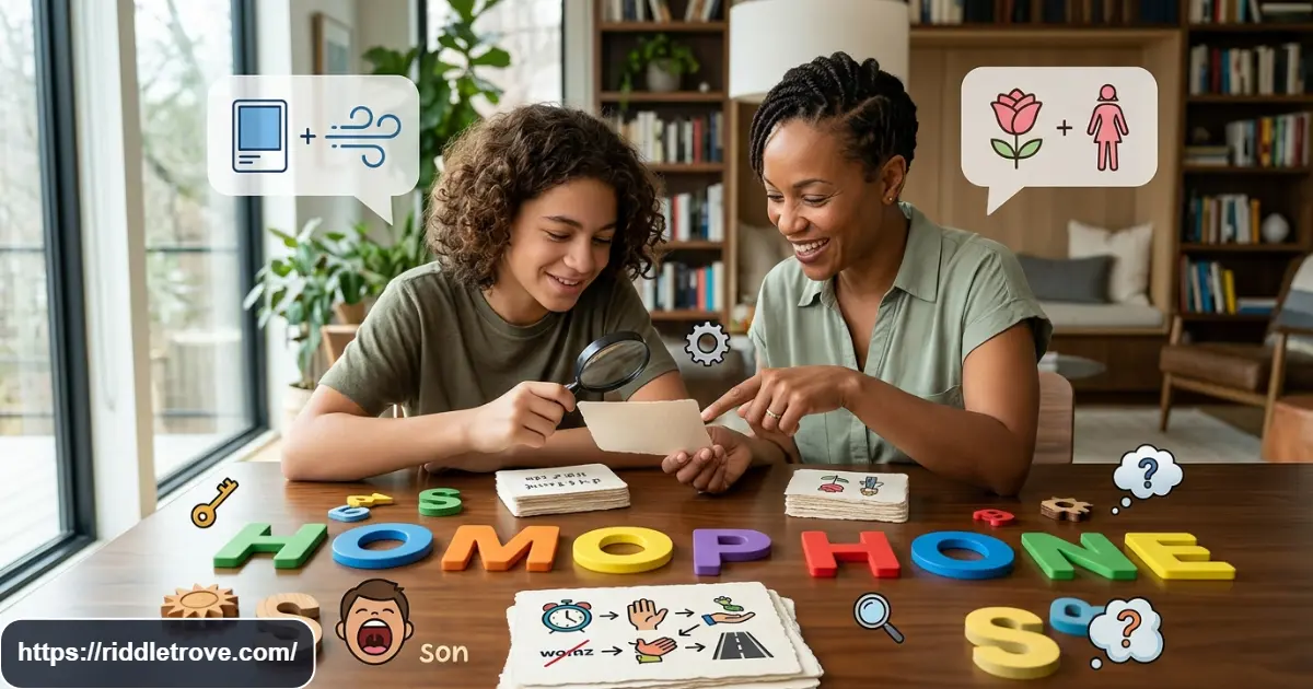 Word cards and symbols representing short wordplay riddles