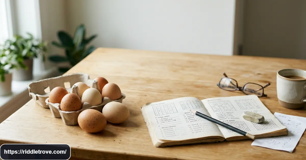 Six eggs arranged beside a puzzle notebook showing a wording-based riddle
