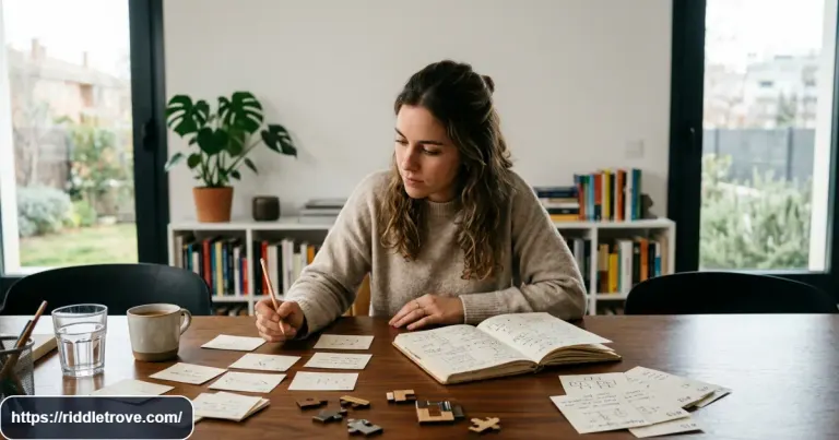 Person solving challenging riddles with clues and puzzle cards