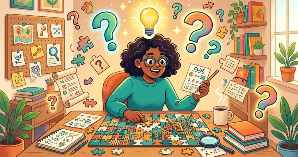 Person solving a tricky riddle puzzle with clues, question marks, and a lightbulb