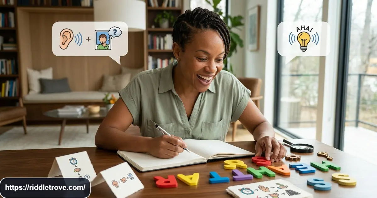 Reader solving a wordplay riddle using speech and letter clues
