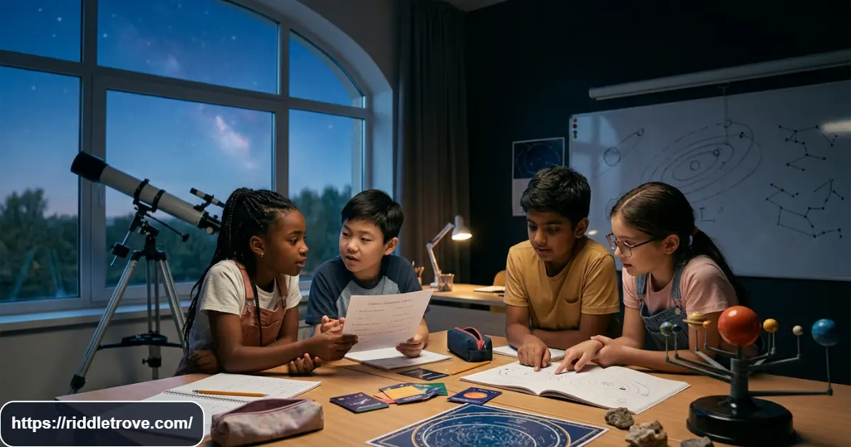 Students solving space riddles with planets, stars, galaxies, and a telescope
