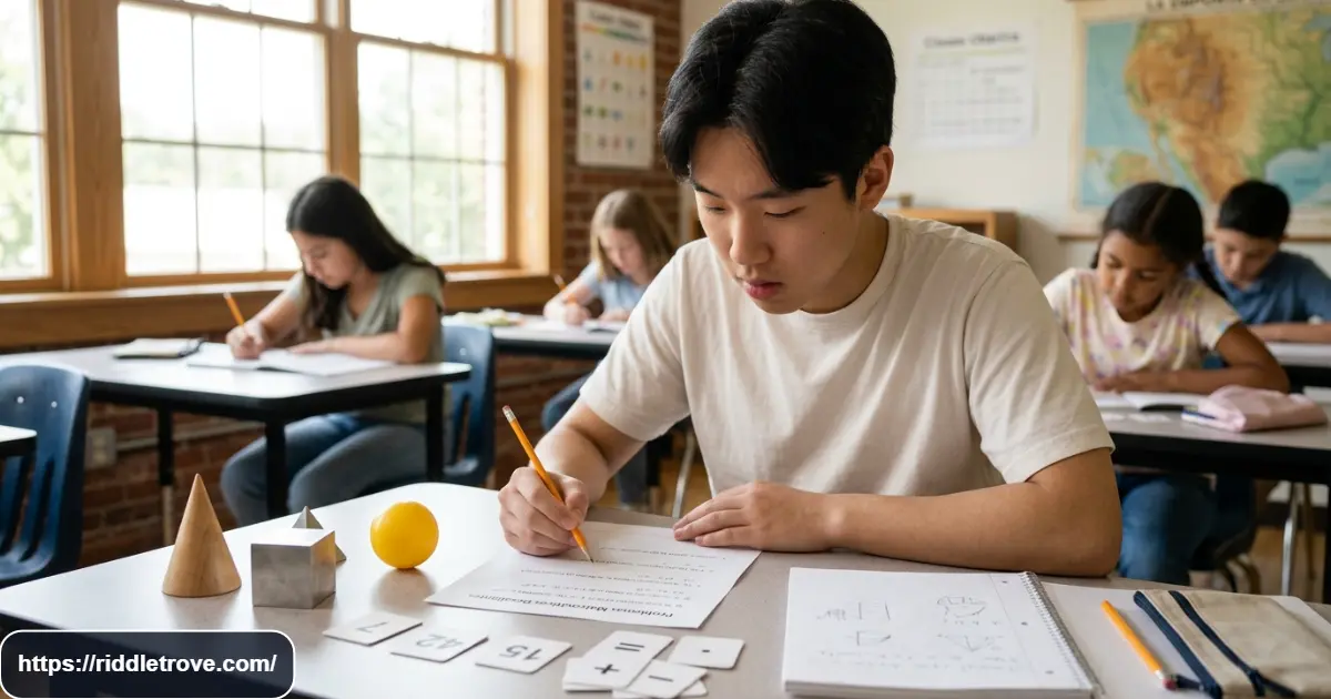 Student solving Spanish math riddles with numbers and geometric shapes