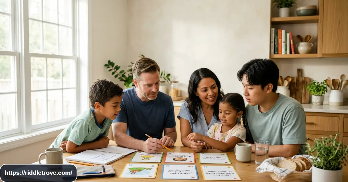 People solving Spanish riddles together with puzzle cards and notebooks