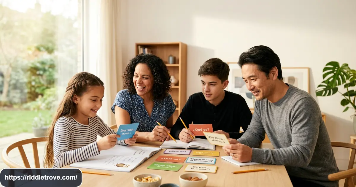 Family solving Spanish riddles together around a table with puzzle cards