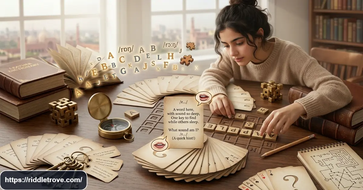 Spelling riddles with alphabet tiles, handwritten clues, and word puzzles
