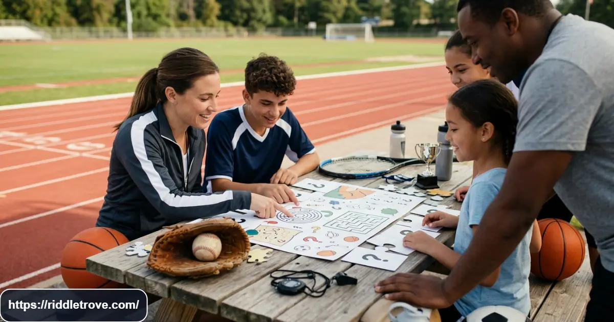 Sports riddles with answers featuring athletes and colorful sports equipment