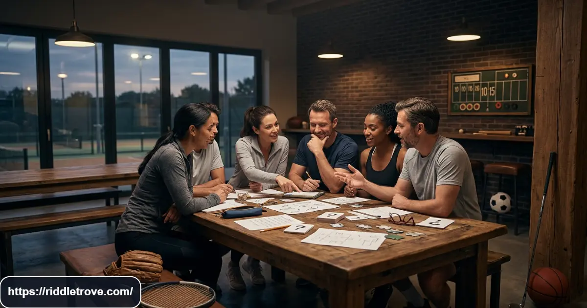 Adults solving tricky sports riddles with athletic equipment in a lively setting