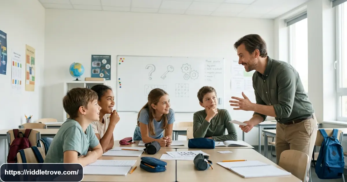 Teacher leading students through a fun classroom riddle challenge