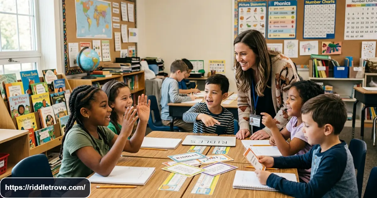 Teacher and students solving fun riddles together in a classroom