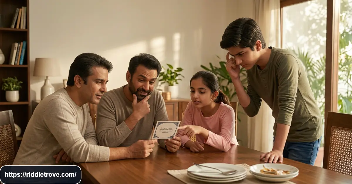 Teenagers solving clever dad riddles with their father at home