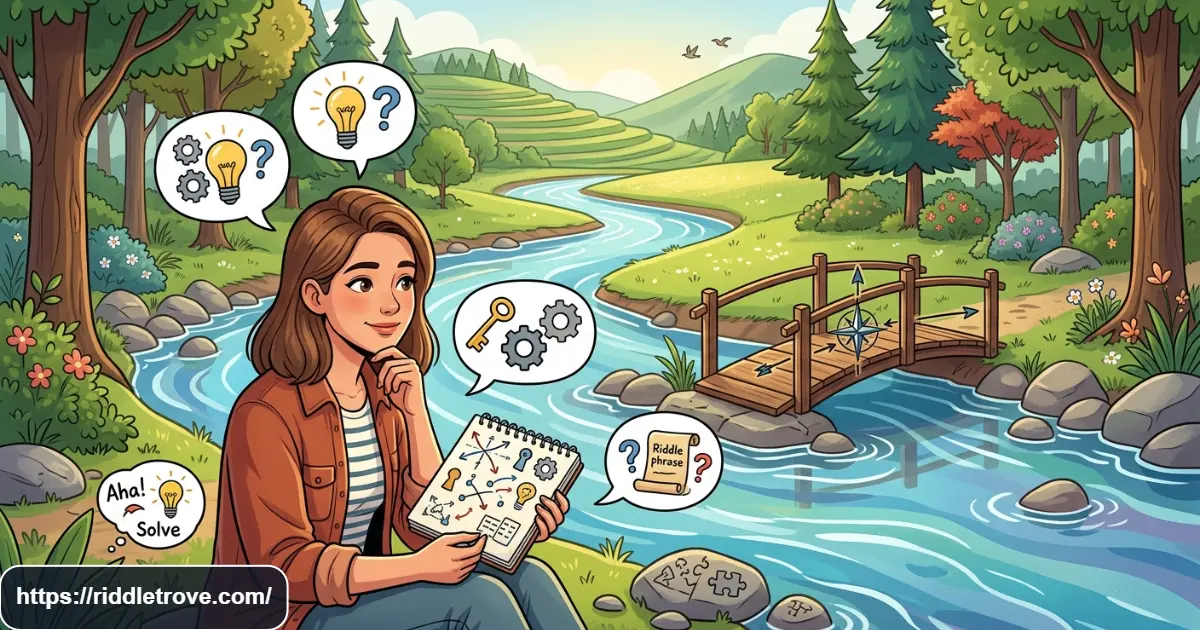 Person solving a river riddle beside a winding river