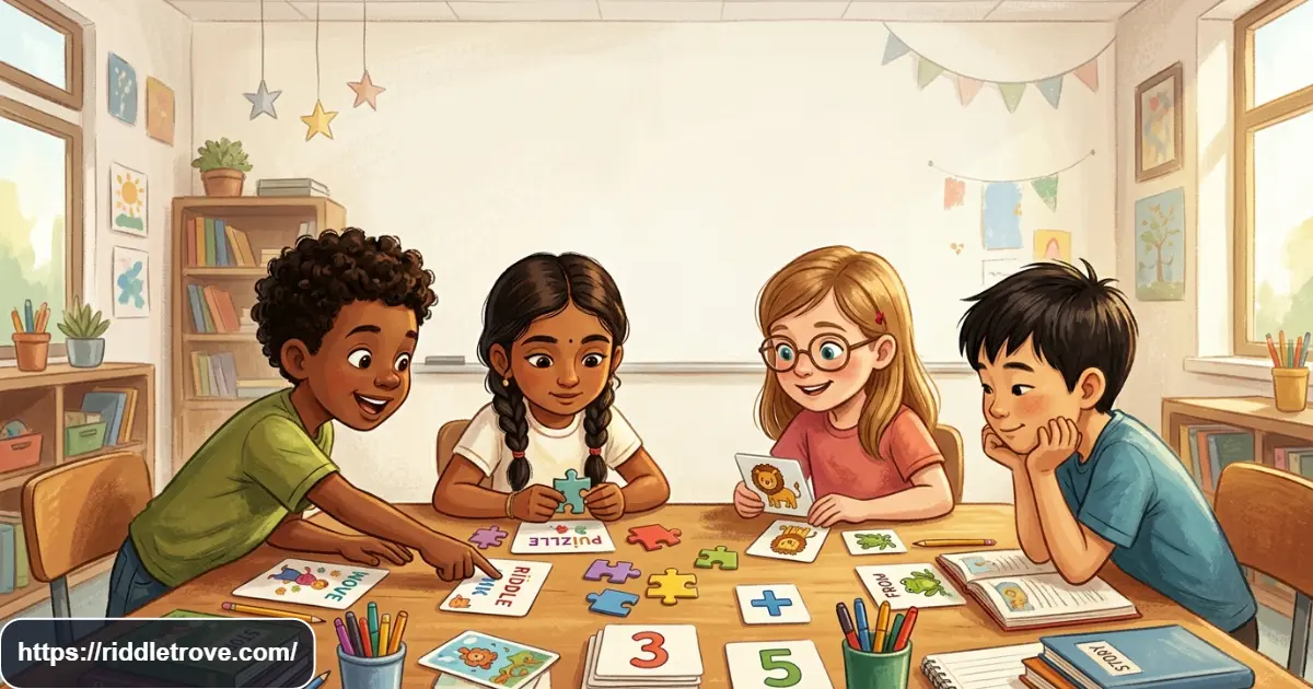 Third graders solving fun riddles and brain teasers in a bright classroom
