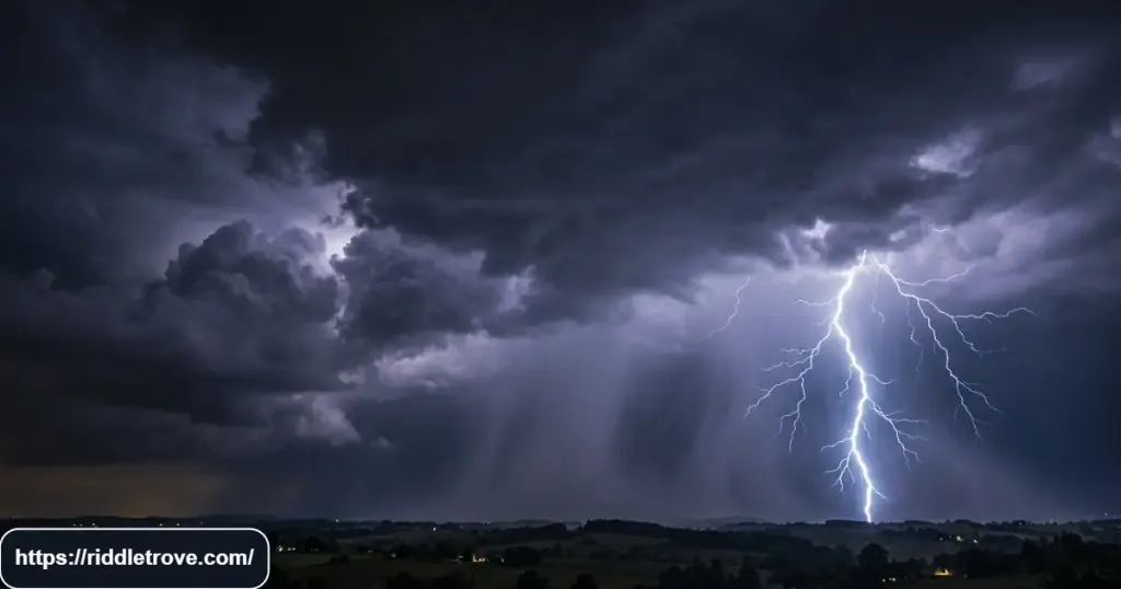 Bright lightning striking through dark storm clouds during a dramatic thunderstorm