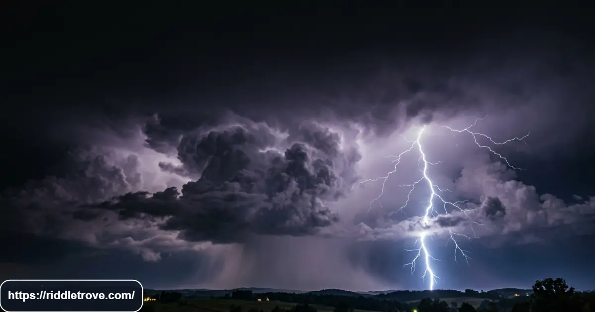 Bright lightning striking through dark storm clouds during a dramatic thunderstorm