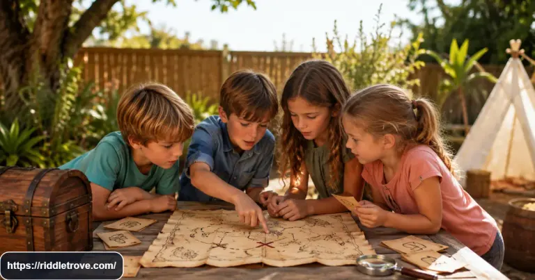 Kids solving treasure hunt riddles beside a colorful treasure map