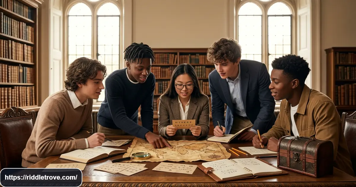 Teens and adults solving challenging treasure hunt riddles with maps and clue cards