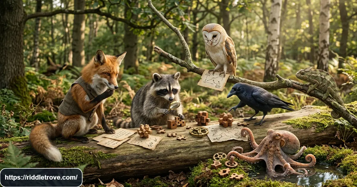 Tricky animal riddles featuring clever animals, puzzle clues, and a mysterious woodland setting