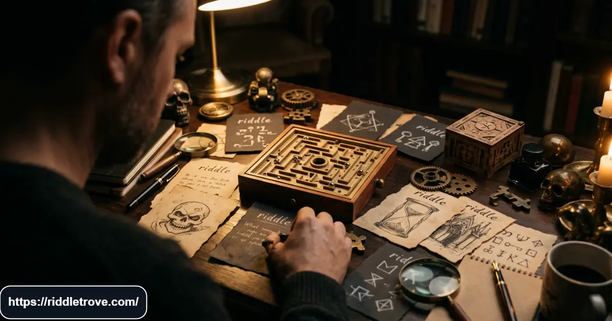 Tricky dark humor riddles arranged around a challenging puzzle board