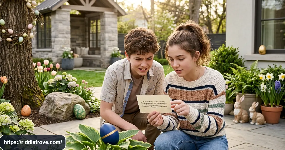 Older children thinking through tricky Easter egg hunt riddles together