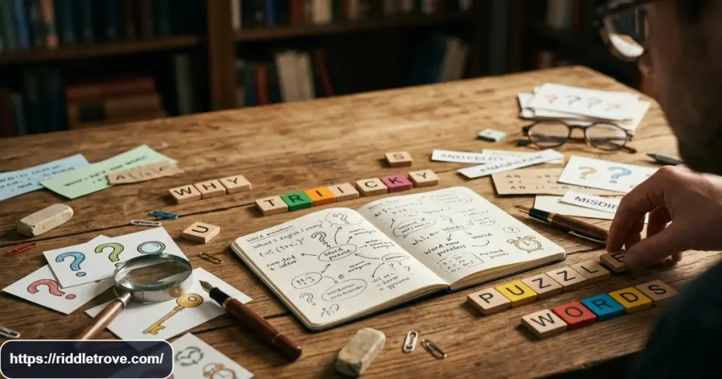 Tricky English riddles with letters, word tiles, and clever puzzle clues