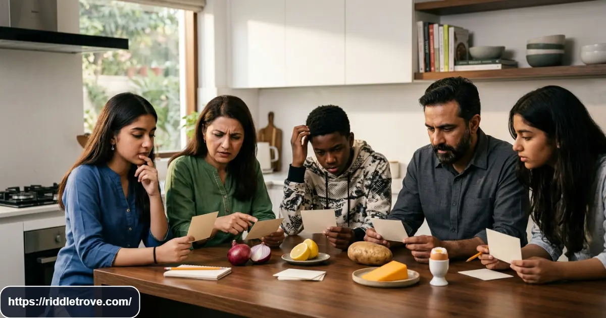 Teens and adults solving tricky food riddles with food clues on a table