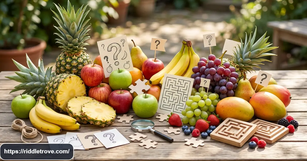 Colorful fruits arranged in a challenging puzzle-themed scene for tricky fruit riddles