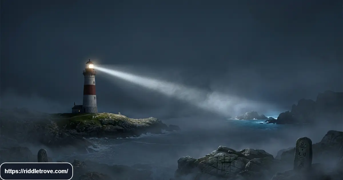 Mysterious lighthouse shining over a foggy coastline at night
