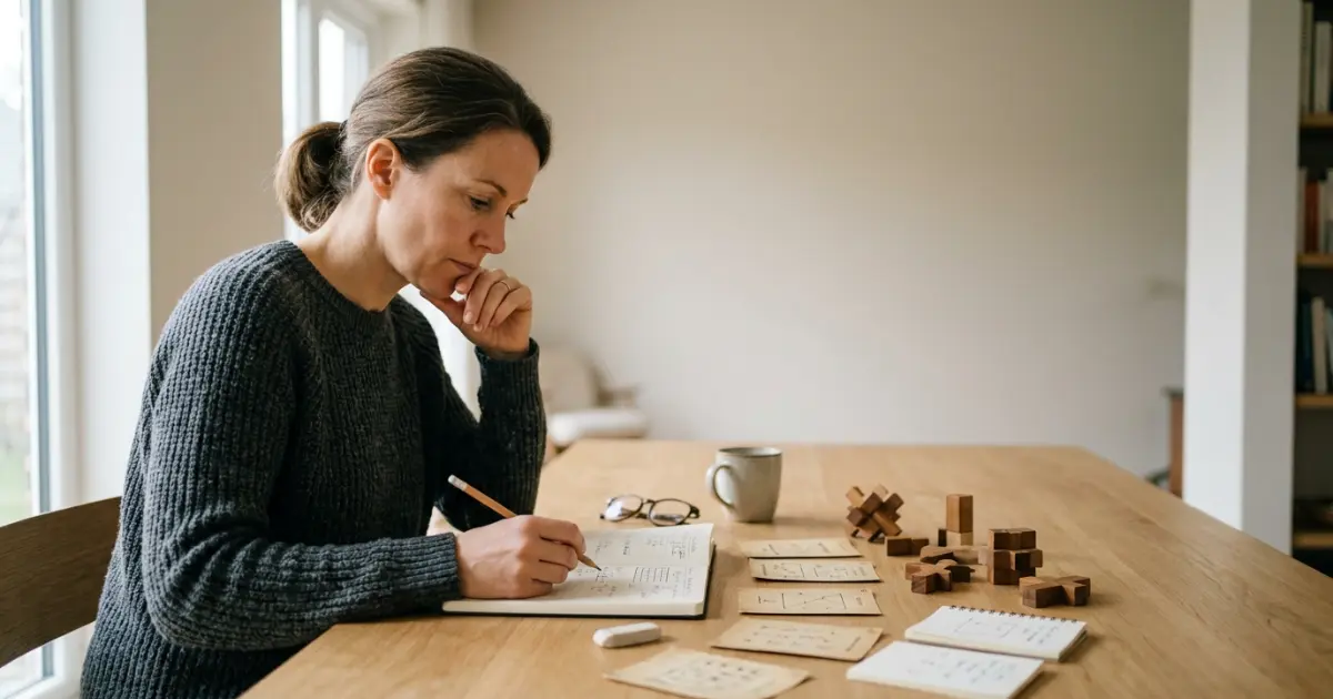 Adult solving a tricky logic riddle with clues and puzzle pieces