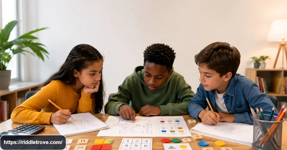 Kids solving challenging math and logic riddles with numbers and puzzle pieces