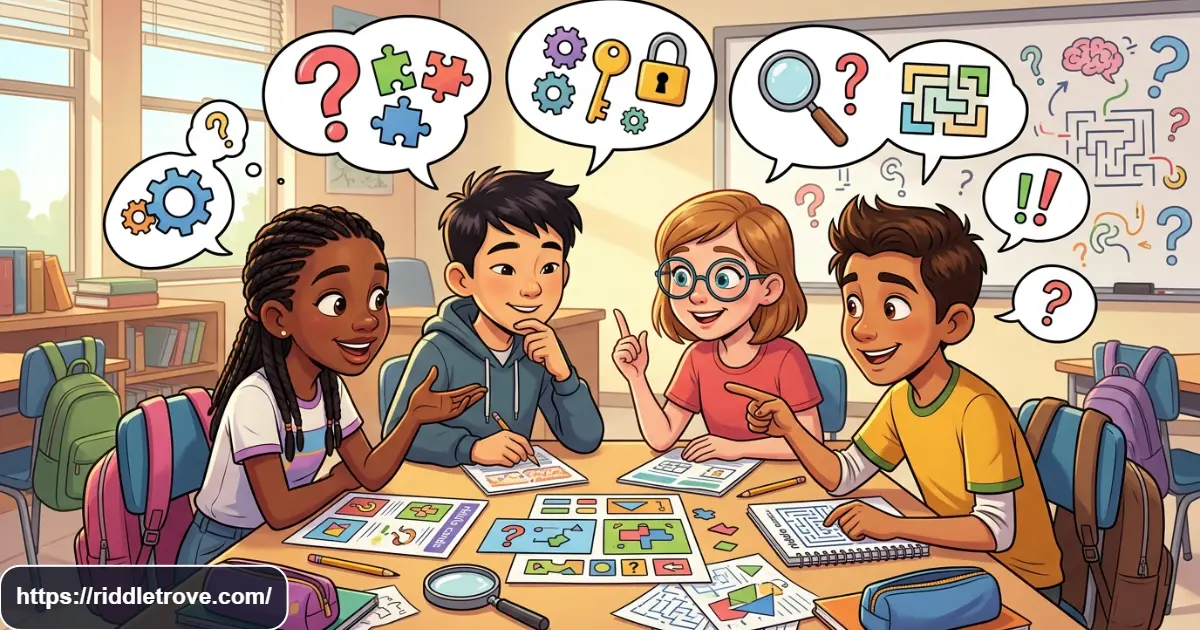 Middle school students solving tricky riddles and logic puzzles in a classroom