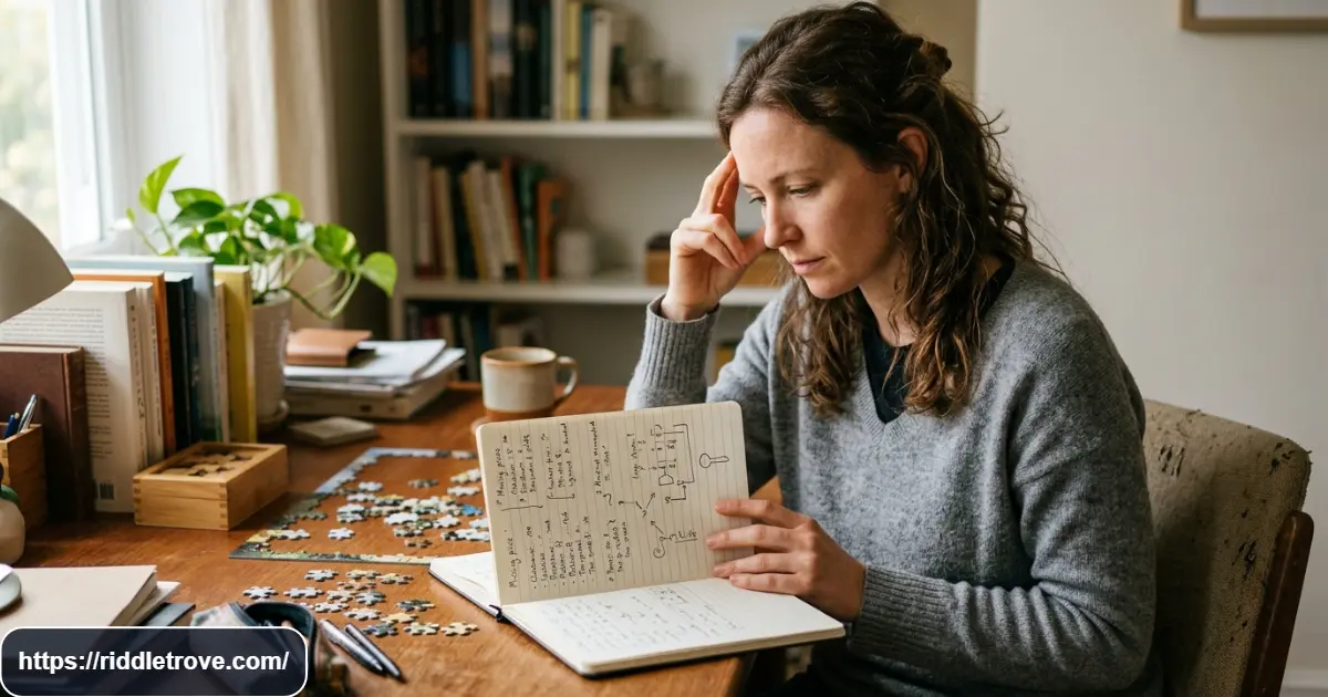 Puzzle enthusiast thinking through a tricky riddle with handwritten clues