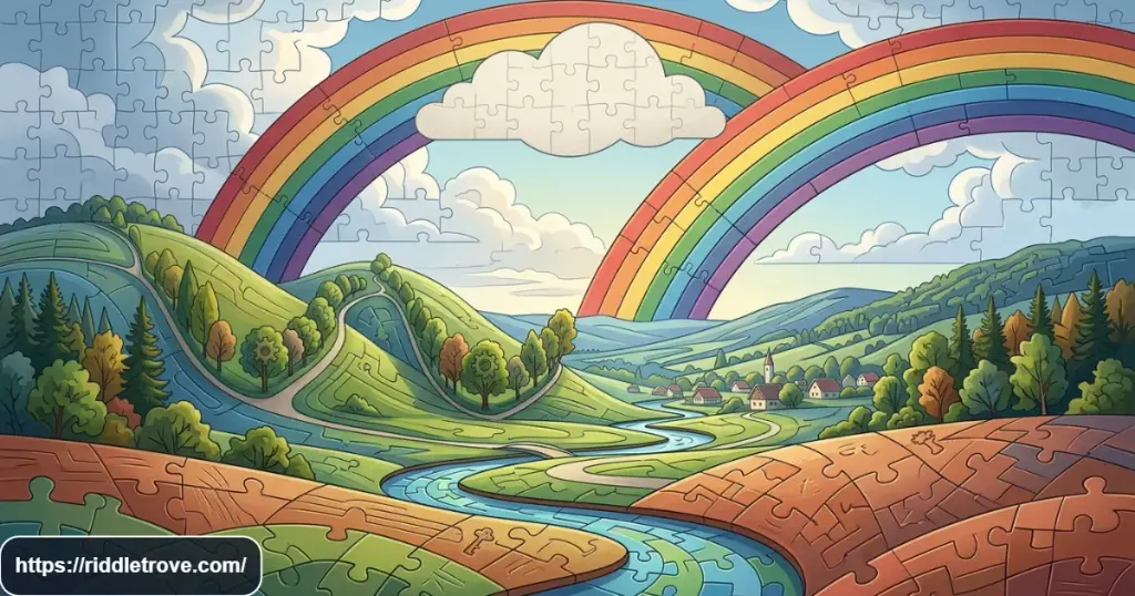 Rainbow scene with puzzle pieces representing tricky riddle challenges