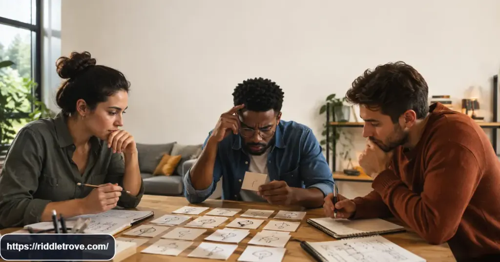 Adults concentrating on tricky wordplay riddles with notebooks and clue cards