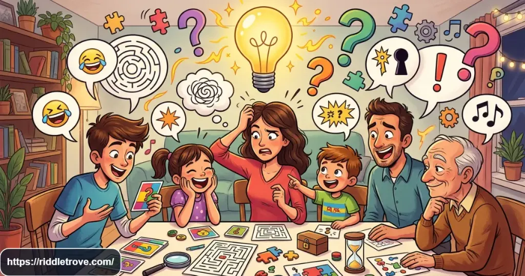 Kids and families laughing while solving tricky riddles with funny twists