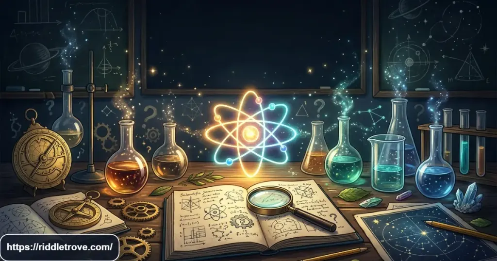 Tricky science riddles with laboratory objects, atom model, gears, and puzzle elements
