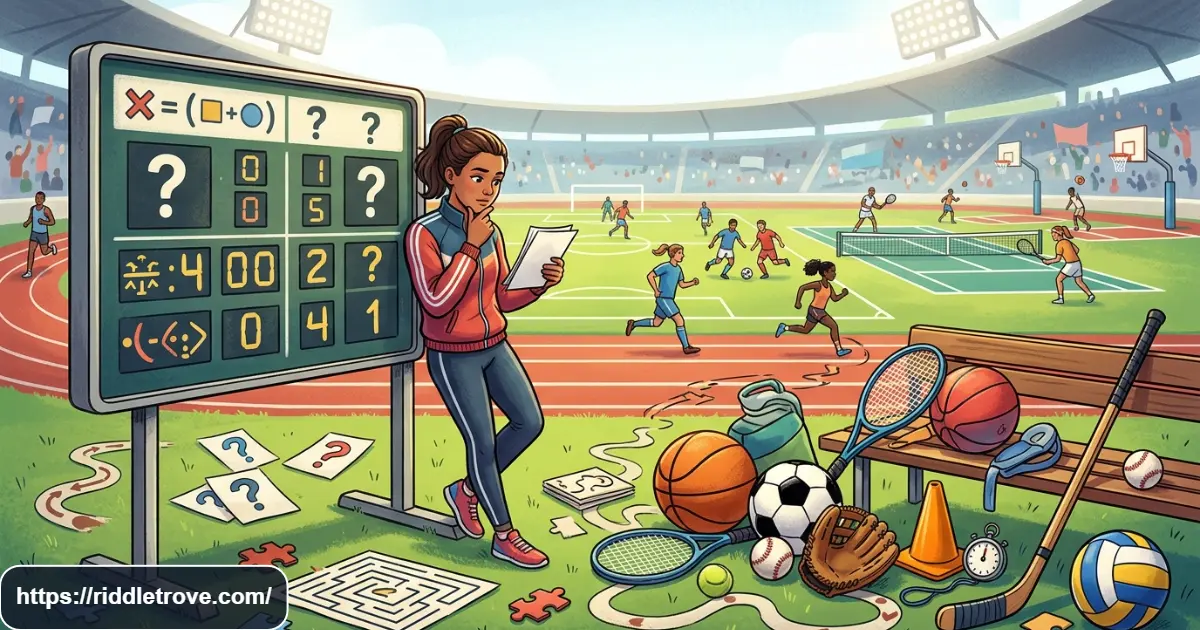 Tricky sports riddles with athletes solving challenging game-themed puzzles