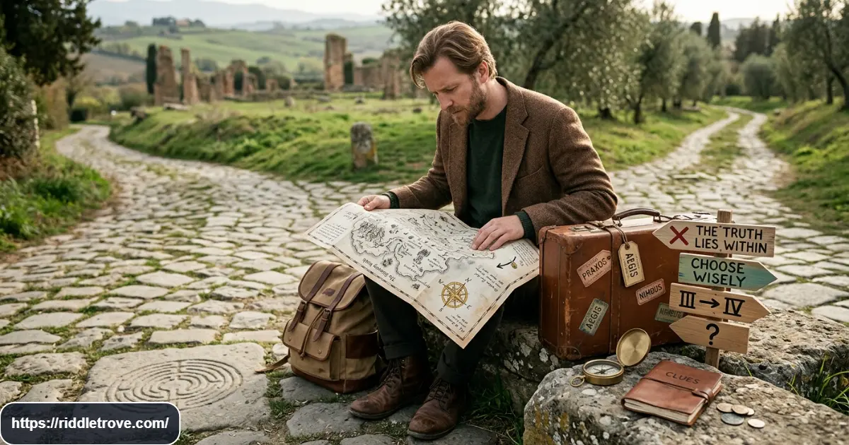 Traveler examining a map while solving a tricky travel riddle