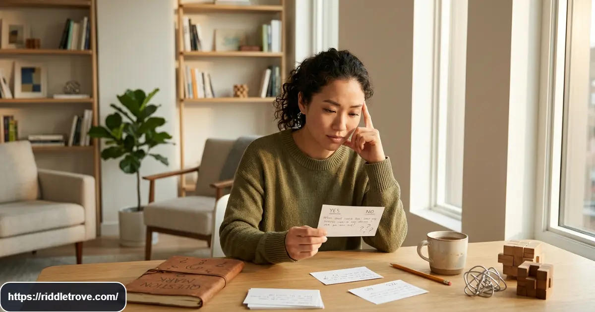 Person solving tricky yes-or-no riddles with question cards at a desk