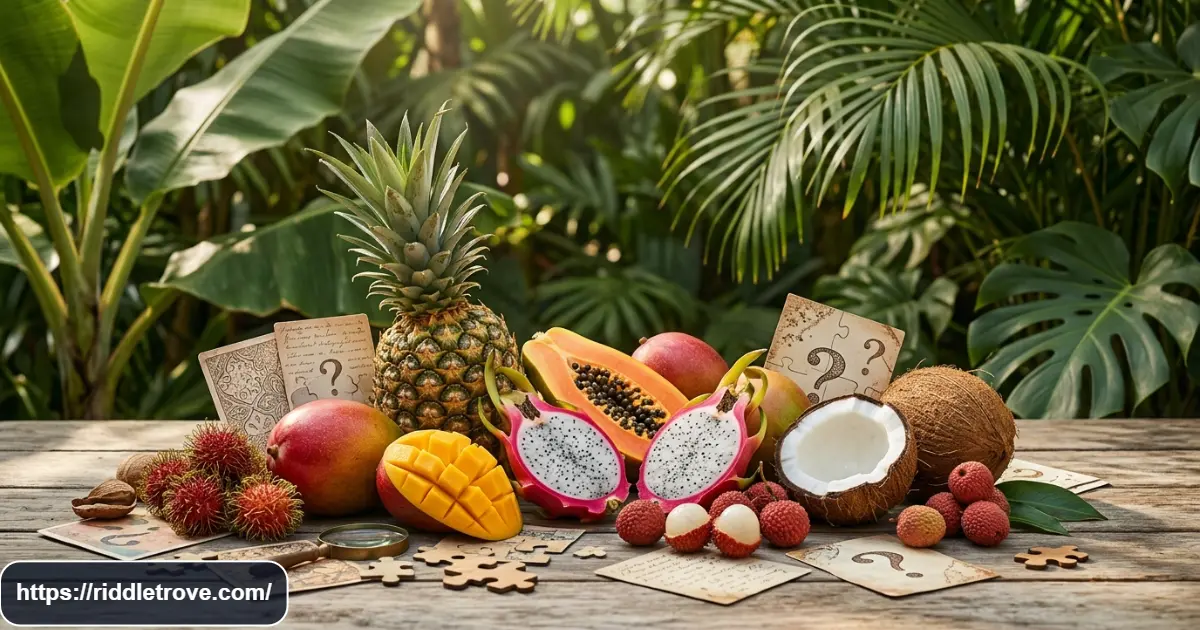Tropical fruit riddle display featuring pineapple mango dragon fruit and papaya