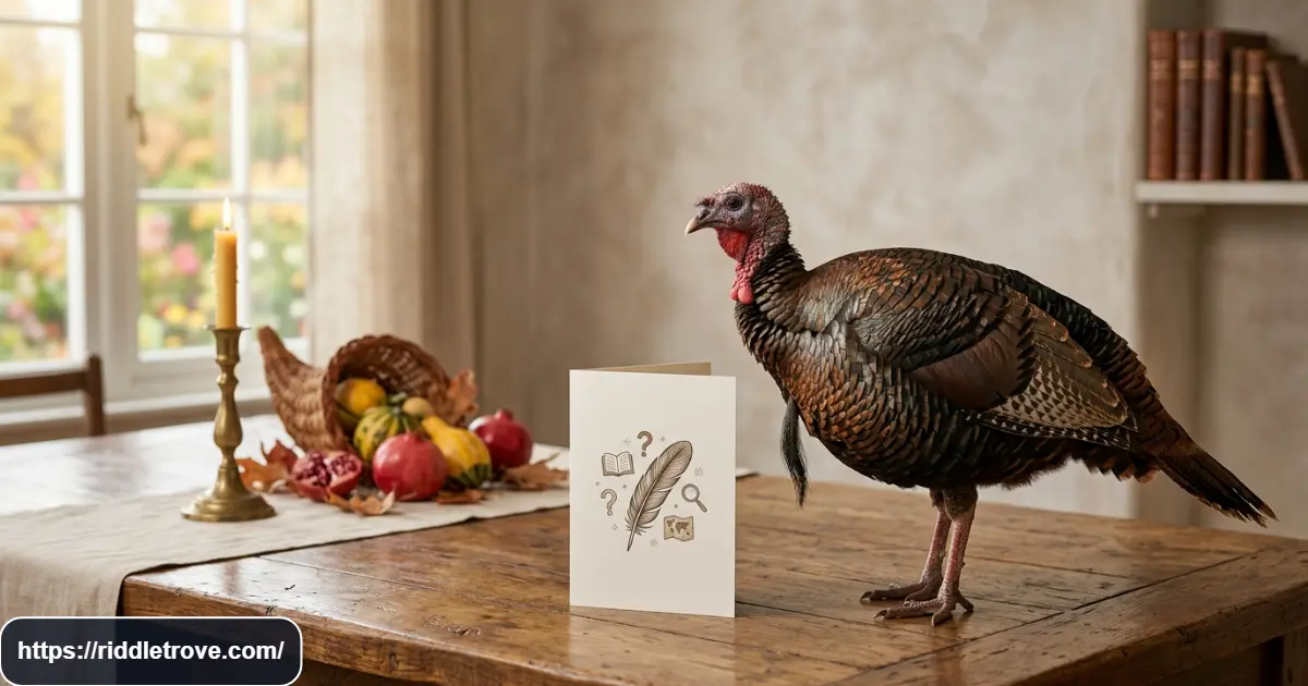 Turkey beside a riddle card asking which side has the most feathers