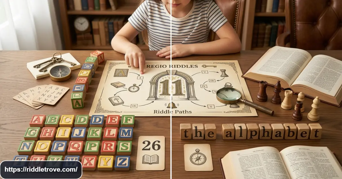 Alphabet puzzle comparing 26 letters with the riddle answer 11