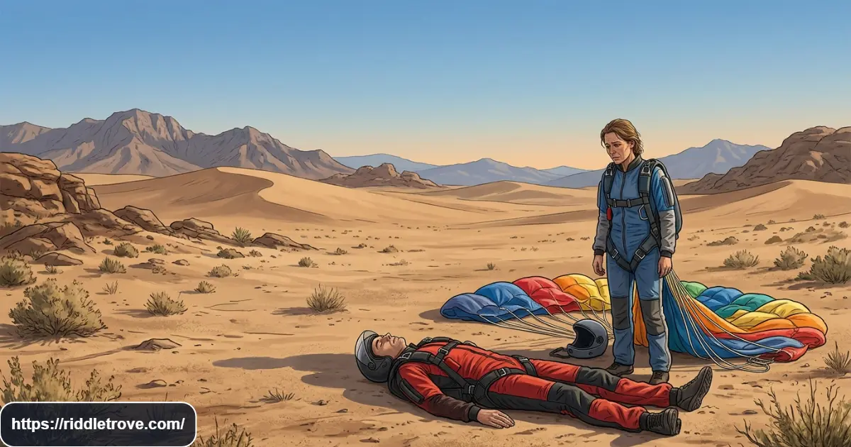 Two men in a desert with parachute backpacks for a tricky riddle