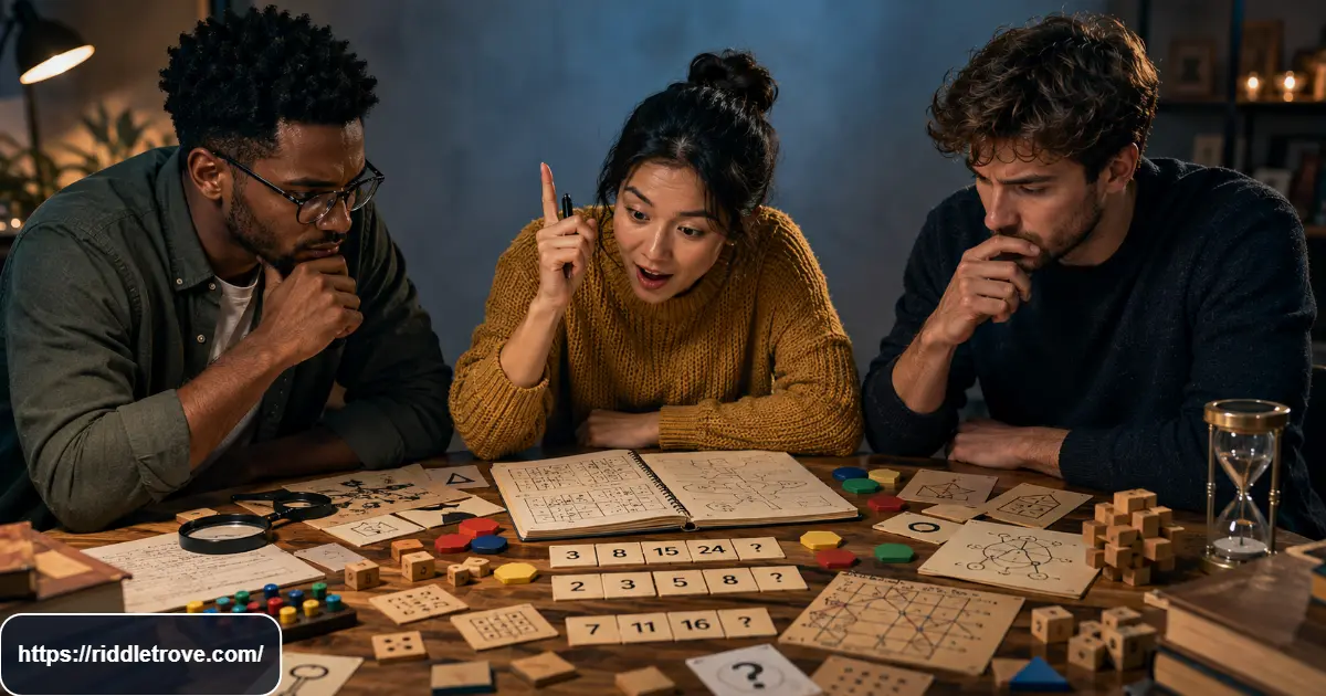 Three adults tackling difficult brain-bending puzzles with logic clues, patterns, and puzzle pieces